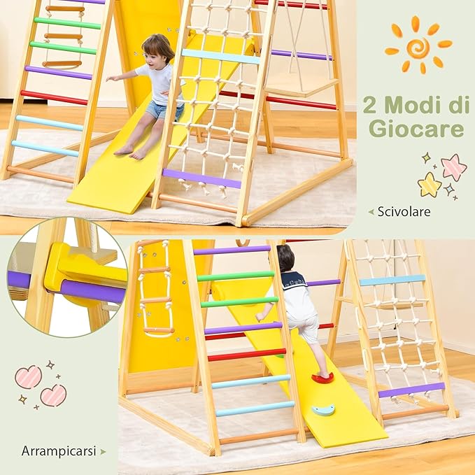 Set da Arrampicata per Bambini, Area Giochi Multifunzionale in Legno con Scala, Scivolo, Altalena e Rete da Arrampicata (Colorato)