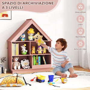 Libreria per Bambini a Forma di Casa, Scaffale in Legno con 5 Cubi per Giocattoli, Organizer di Stoccaggio Antiribaltamento, Scaffale Aperto a 3 Livelli, 88x34x108 cm (Rosa)