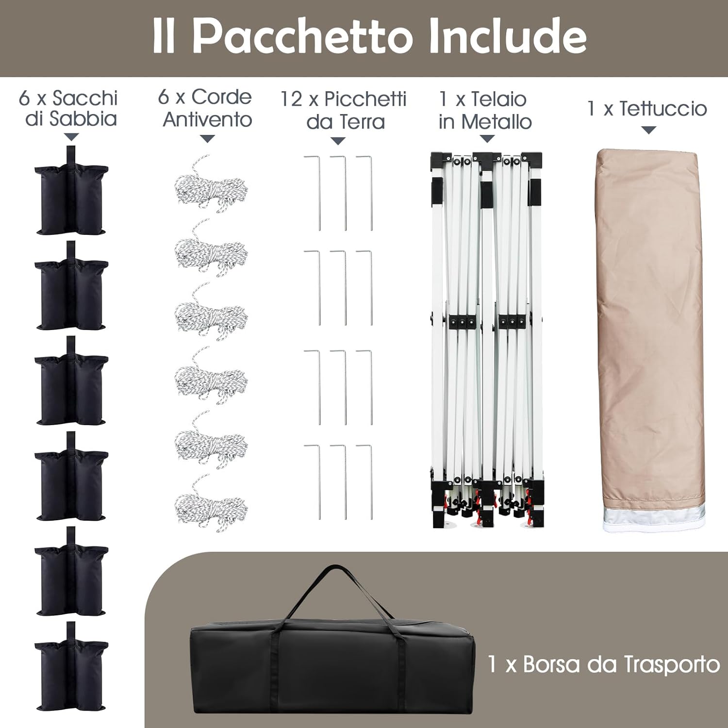 Gazebo Pieghevole da Giardino 3 x 6m, Gazebo Pop-up con Borsa da Trasporto, Regolabile in Altezza, per Feste (Beige)