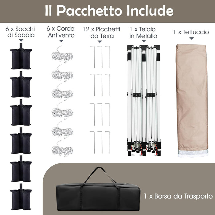 Gazebo Pieghevole da Giardino 3 x 6m, Gazebo Pop-up con Borsa da Trasporto, Regolabile in Altezza, per Feste (Beige)