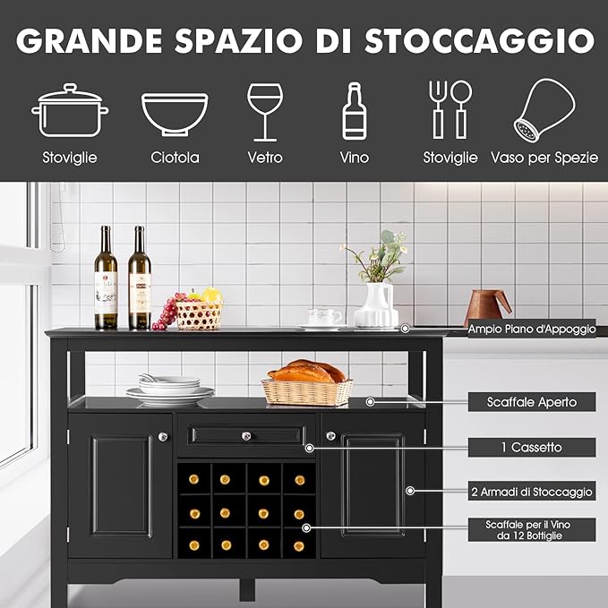 Credenza Moderna con Tanto Spazio, Credenza Cucina con Porta Bottiglie di Vino a Forma Incrociata, Mensola Aperta, 2 Armadietti e Cassetto, 117 x 40,5 x 82,5 cm (Nero)