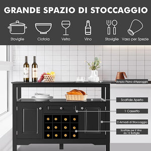 Credenza Moderna con Tanto Spazio, Credenza Cucina con Porta Bottiglie di Vino a Forma Incrociata, Mensola Aperta, 2 Armadietti e Cassetto, 117 x 40,5 x 82,5 cm (Nero)