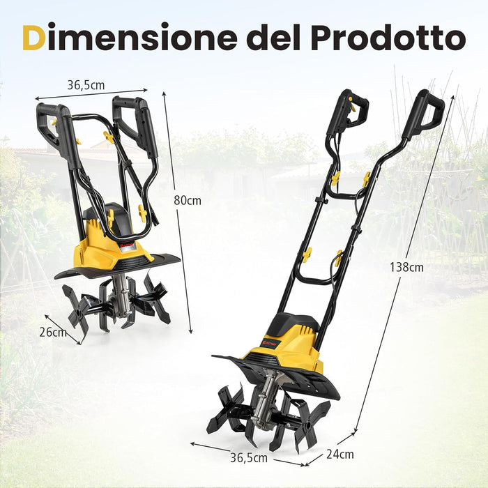 Motozappa Elettrica a Filo, Zappatrice da Giardino con Manico Ergonomico e Motore Forte, Motocoltivatore Pieghevole per Scavare Terreno del Prato (36,5 x 24 x 138 cm,Giallo)