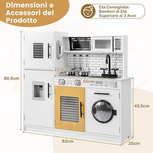 Cucina Giocattolo per Bambini, Cucina Legno per Bambini con Forno, Microonde, Lavatrice, Telefono, Lavello Rimovibile e Rubinetto Rotante, con Luci e Suoni, per Bambini di 3+ Anni (Bianco)