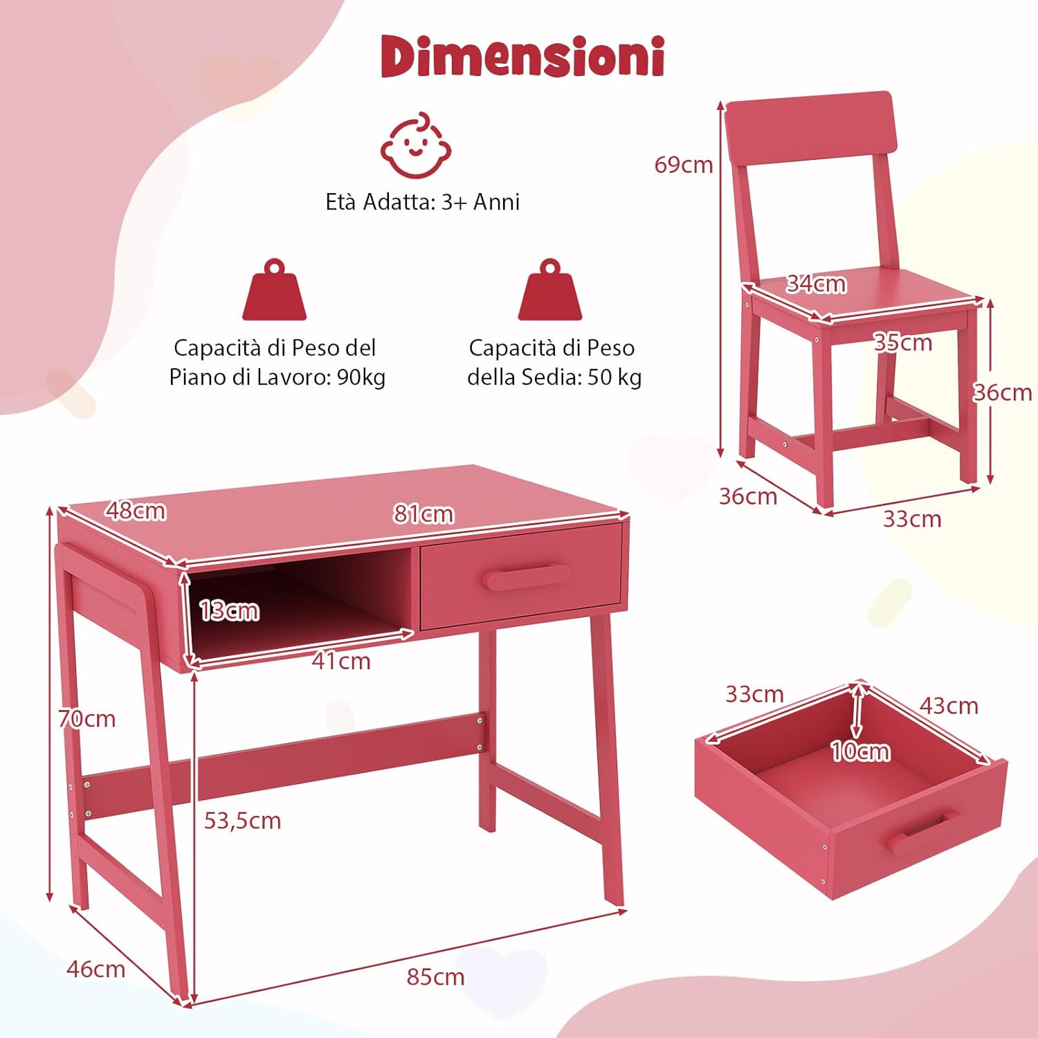 Set Tavolo e Seide per bambini in Legno, Scrivania e Sedia con Cassetto e Scomparto, Tavolino e Sedia per Cameretta, Soggiorno e Scuola (Rosa)