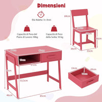 Set Tavolo e Seide per bambini in Legno, Scrivania e Sedia con Cassetto e Scomparto, Tavolino e Sedia per Cameretta, Soggiorno e Scuola (Rosa)