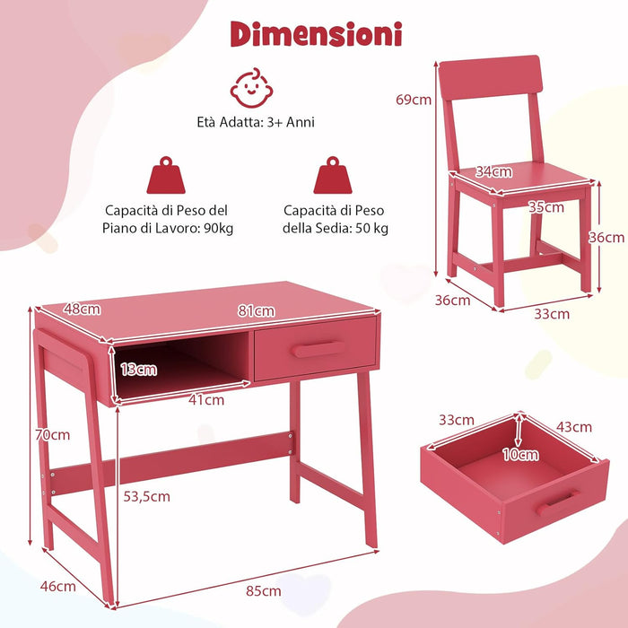 Set Tavolo e Seide per bambini in Legno, Scrivania e Sedia con Cassetto e Scomparto, Tavolino e Sedia per Cameretta, Soggiorno e Scuola (Rosa)