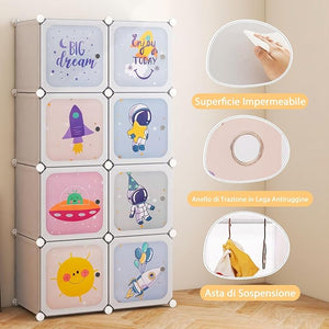 Armadio Portatile per Bambini, Organizzatore Modulari per Bambini a 8 cubi con Ante e Sezione Appendiabiti, Guardaroba Portatile per Sala Giochi Camera da Letto Asilo, 71x35,5x142 cm (Bianco)