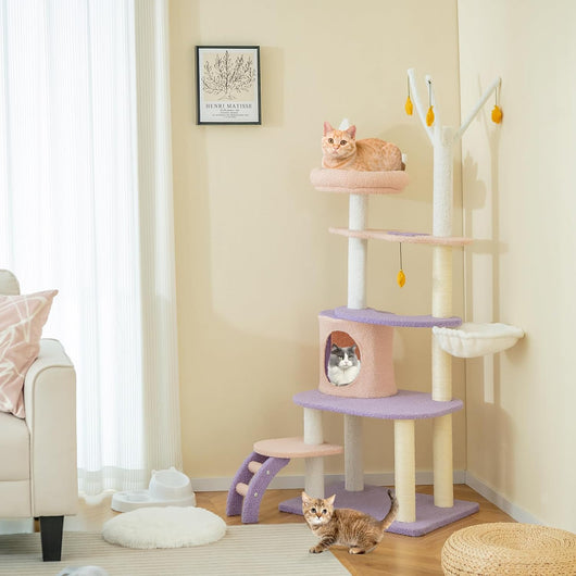 Albero per Gatti da 158 cm, Torre per Gatti Multi-livello Viola con Scala, Pali Graffiati Rivestiti di Sisal, Piattaforme, Giocattoli a Stella Pendenti e Cuccia