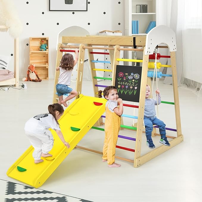 8 in 1 Triangolo da Arrampicata Multifunzione, Parco Giochi in legno Massello con Scivolo, Altalena e Lavagna, Uso Interno, per Bambini 1 a 5 anni (Modello 3 Colorato)
