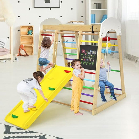 8 in 1 Triangolo da Arrampicata Multifunzione, Parco Giochi in legno Massello con Scivolo, Altalena e Lavagna, Uso Interno, per Bambini 1 a 5 anni (Modello 3 Colorato)