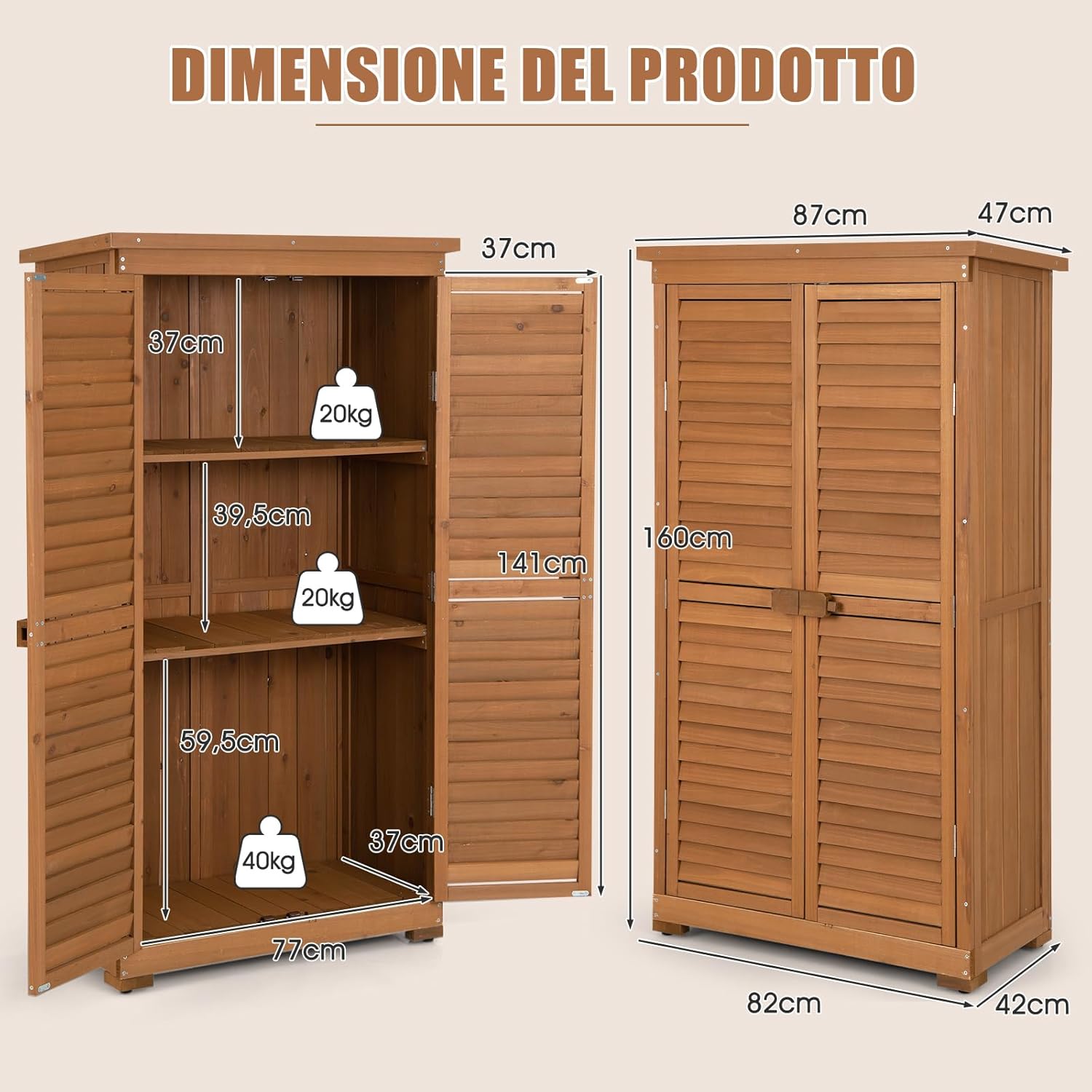 Capanni da Esterno, Armadio da Giardino in Legno Massiccio con 3 Ripiani Rimovibili, Tetto Impermeabile in Asfalto, Piedini Regolabili, Ripostiglio per Giardino, Terrazza e Cortile