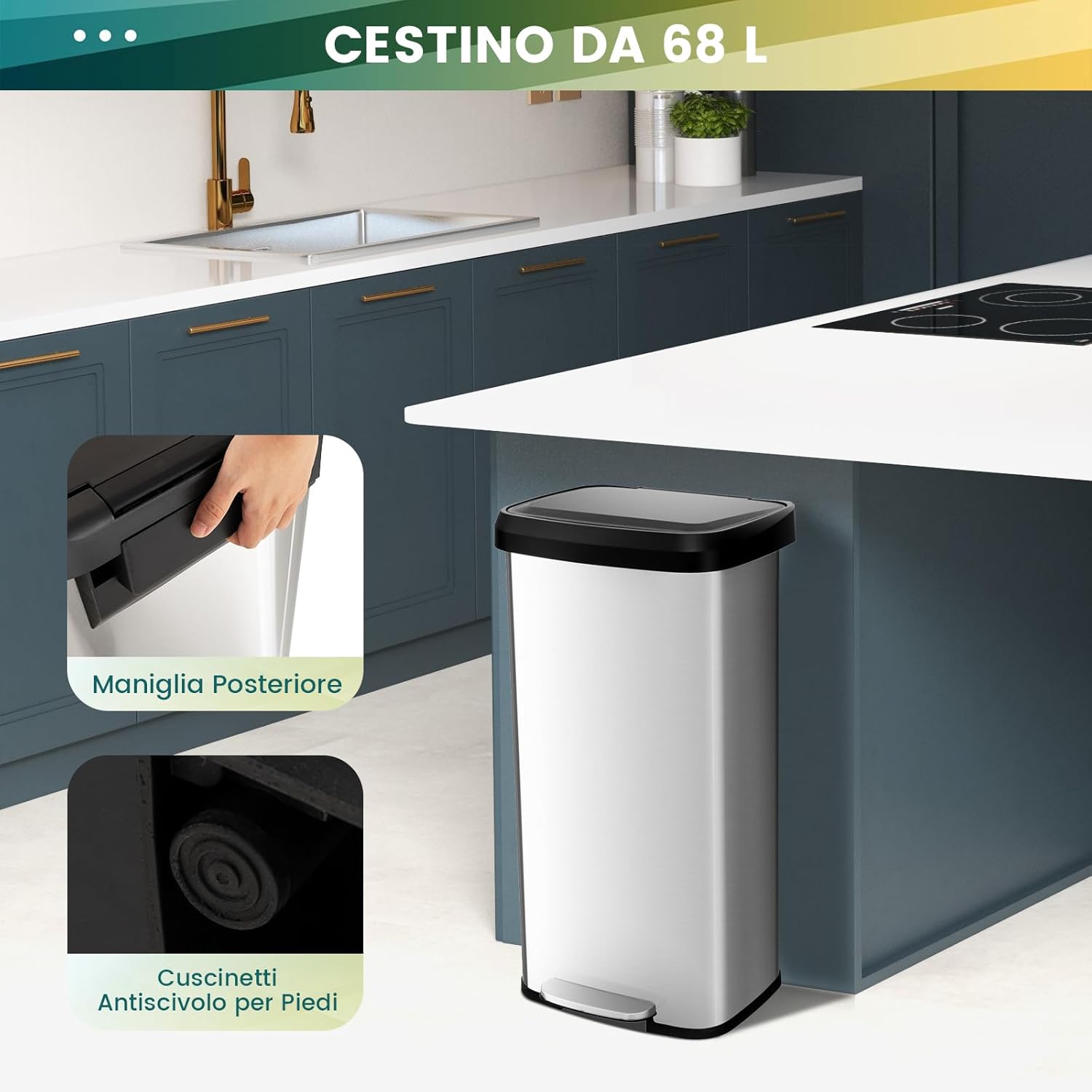 Bidone per Pattumiera, Pattumiera da Cucina con Pedale, Coperchio e Scomparto Deodorante, Ideale per Casa Ufficio, Rosa Dorato/Argento (68L, Argento)