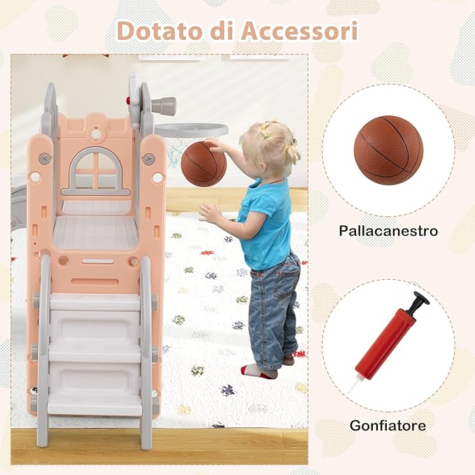 Scivolo per Bambini 9 in 1, Set da Gioco con Canestro da Basket, Telescopio, Volante, Corridoio, Tunnel e Spazio di Archiviazione, Scivolo da Interno ed Esterno per 1+ Anni (Rosa+Grigio)