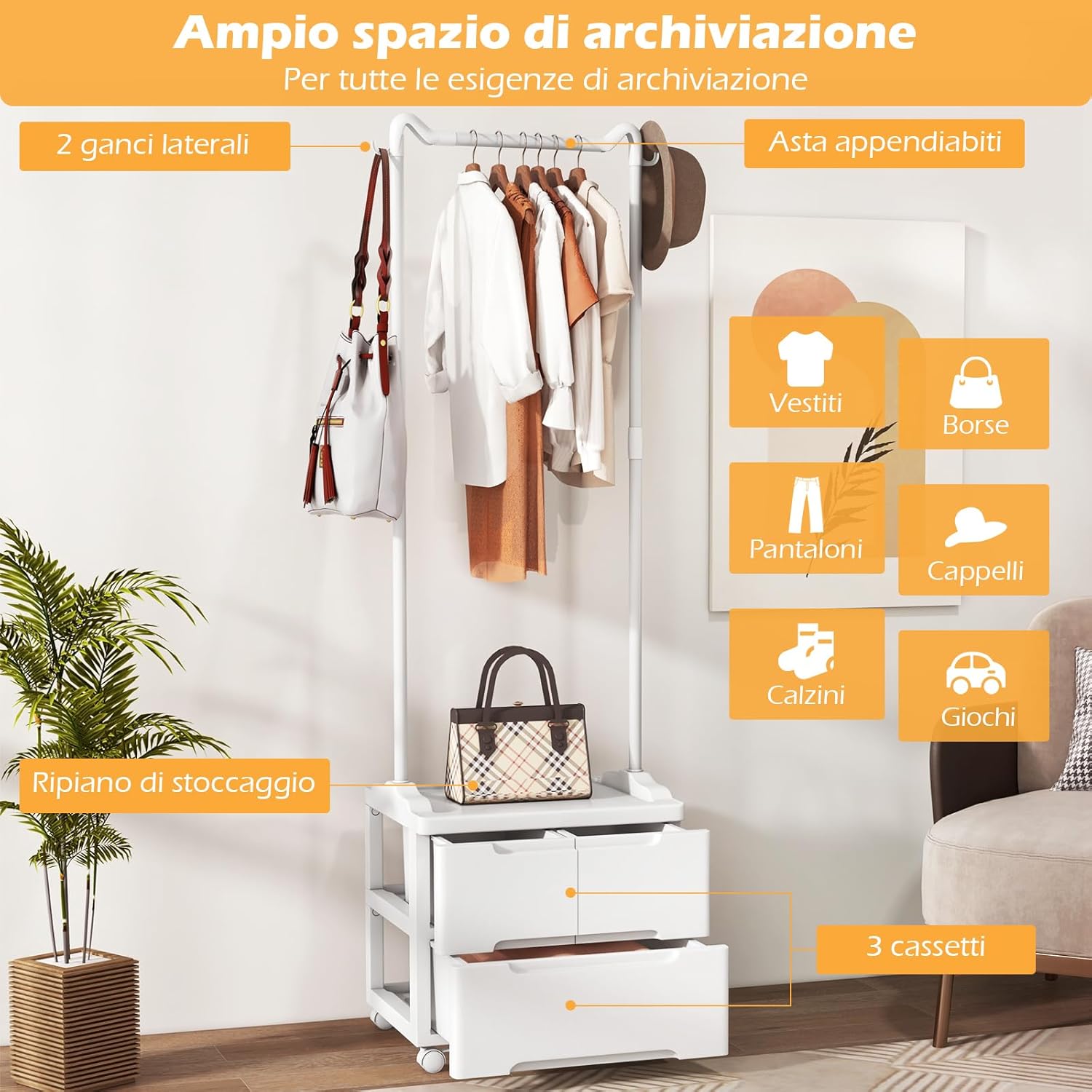 Appendiabiti con 3 Cassetti e Ruote Bloccabili, Stand Appendiabiti Girevole con Ganci Laterali e Barra per Appendere, per Camera da Letto Soggiorno Ingresso, 46x38x157 cm