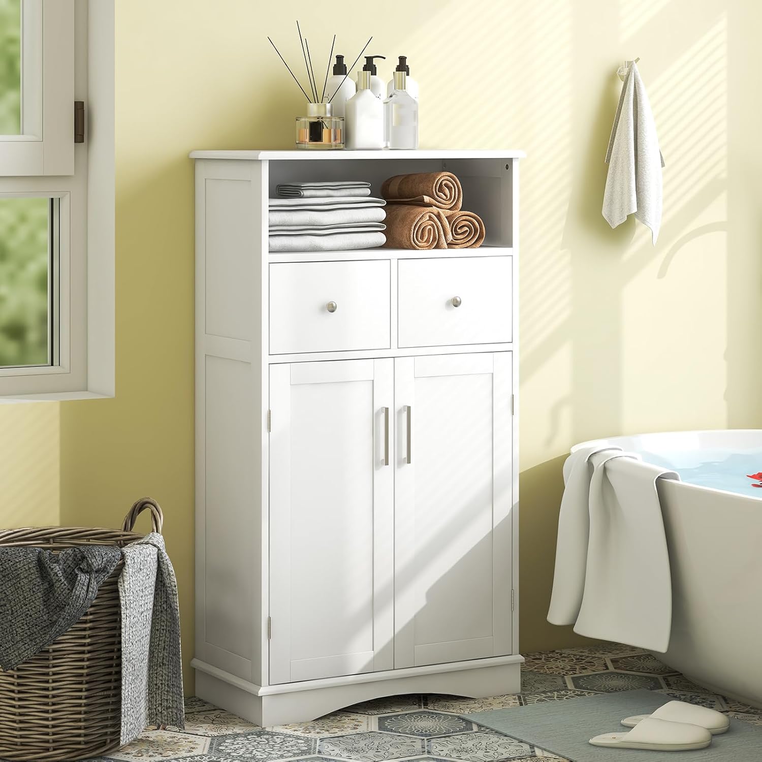Armadio da Terra con 2 Porte, Mobile da Bagno con 2 Cassetti e 2 Ripiani Regolabili, Mobiletto Multifunzionale per Bagno Cucina e Soggiorno, 60x30x108 cm (Bianco)