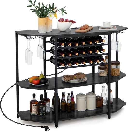 Mobiletto Portabottiglie da Vino a 3 Livelli, con Ripiani di Stoccaggio, Porta Bicchieri, Porta Bottiglie, Prolunghe Elettriche, per Soggiorno Cucina, Bar, 120 x 40 x 92 cm (Grigio Scuro)