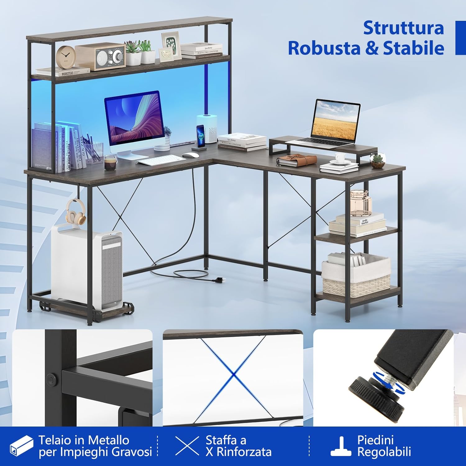 Scrivania per Computer a Forma di L, Tavolo da Gioco con Scaffale Regolabile, Gancio, Supporto per CPU, Striscia LED, Telecomando e Prese di Corrente, Desk per Studiare e Lavorare (Grigio)