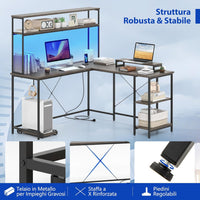 Scrivania per Computer a Forma di L, Tavolo da Gioco con Scaffale Regolabile, Gancio, Supporto per CPU, Striscia LED, Telecomando e Prese di Corrente, Desk per Studiare e Lavorare (Grigio)