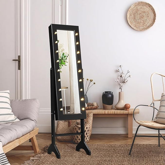 Portagioie Armadietto Specchiera con 18 Luci LED, Specchio a Figura Intera, Organizer per Gioielli Moderno Elegante, 145x35x31,5cm (Nero)