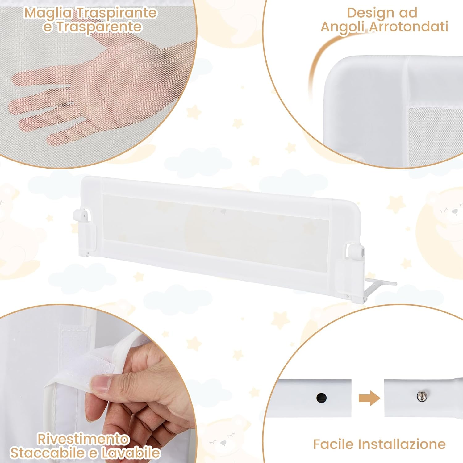 Sponda Letto per Bambini 105/120/150 cm, Barriera di Sicurezza per Neonati, Barriera Letto Pieghevole e Portatile, con Cinghia di Sicurezza (Bianco, 152 x 34 x 42 cm)