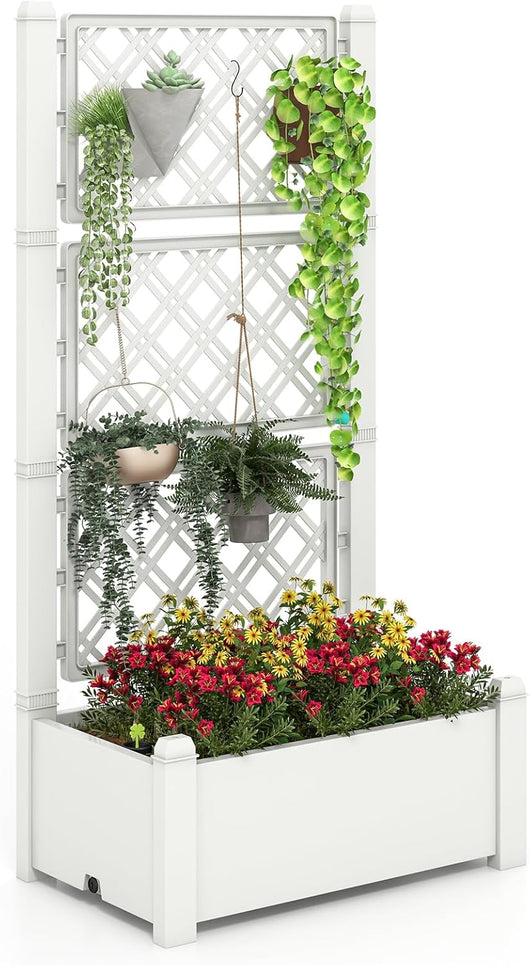 Fioriera con Traliccio a 3 Altezze, Letto Rialzato da Giardino Autoirrigante con Indicatore di Livello dell'Acqua, Divisori Rimovibili & Foro di Drenaggio per Piante Rampicanti (Bianco)