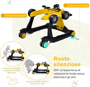 Girello per Bambini 4 in 1, Girello Pieghevole con Altezza e Velocità Regolabili, Carillon con Luci, Volante, Primi Passi per Bambini 6-18 Mesi, Portata 15 kg (Giallo)