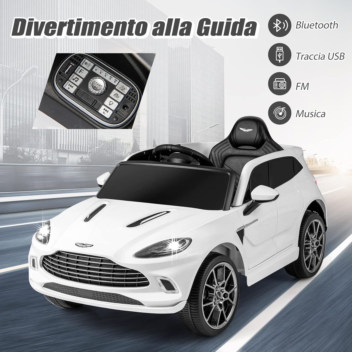 Aston Martin DBX Auto Elettrica per Bambini, 12 V Macchina Elettrica con Telecomando e Luci LED, Partenza Lenta Clacson, Regalo per Bambini 3-8 Anni (Bianco)