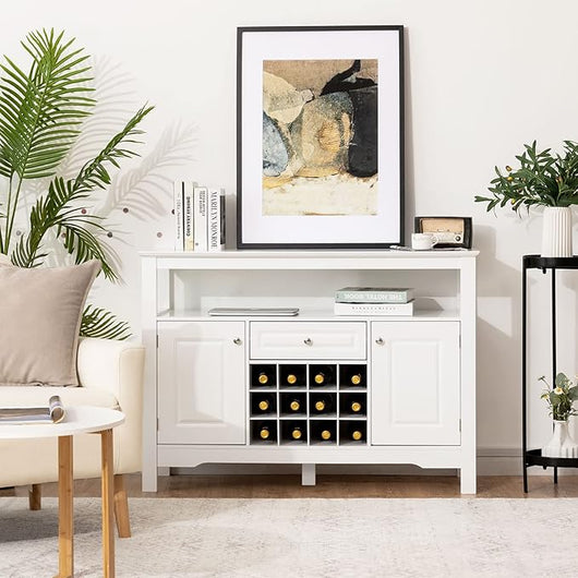 Credenza Moderna con Tanto Spazio, Credenza Cucina con Porta Bottiglie di Vino a Forma Incrociata, Mensola Aperta, 2 Armadietti e Cassetto, 117 x 40,5 x 82,5 cm (Bianco)