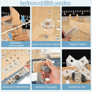 Set Banco da Lavoro per Bambini, Tavolo da Lavoro per Bambini in Legno con 61 Attrezzi e Parti, Giochi Costruzione Educativi, per Bambini 3-5 Anni