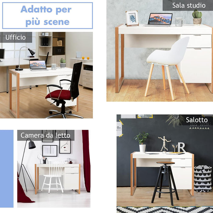 Scrivania Moderna per Computer, Postazione di Lavoro con Armadietto e Cassetto, Design Semplice ed Elegante, Scrivania con Superficie Liscia, Ideale per Casa e Ufficio