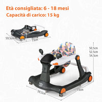 Girello per bambini 2 in 1, Girello con Altezza e Velocità Regolabili, Carillon con Luci e Cuscino Comodo, Primi Passi per Bambini 6-18 Mesi, Capacità di carico: 15 kg (Nero)