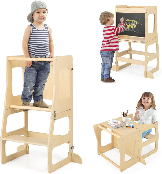 Torre per Bambini 3 in 1, Sgabello Montessori per Bambini con Lavagna, per Bambini 3 Anni +, Capacità di Carico 60 kg, 68 x 40 x 91 cm