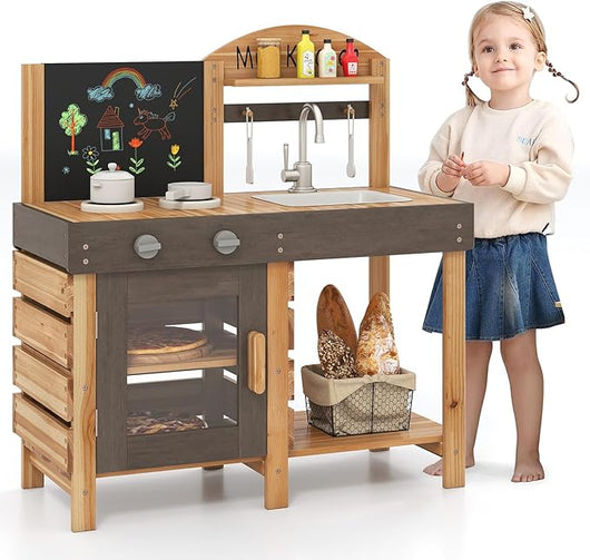 Cucina Giocattolo per Bambini, Cucina Legno per Bambini con Lavagna, Fornelli, Lavandino, Rubinetto, Forno, Accessori Generosi, Mensole di Stoccaggio, per 3+ Anni