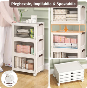 Set da 3 Contenitori Impilabili, Scatole Pieghevoli da 75/105 L con Ruote Bloccabili Porta e Coperchio, Organizzatori per Armadio, Multiuso per Casa Dormitorio (48 x 34 x 82 cm)