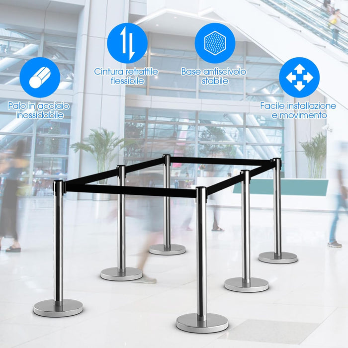 6 Paletti di Delimitazione, Colonnine Segnapercorso Corda, Barriera in Acciaio Inox con Nastro Retrattile, Ideale per Hotel Ristorante Cinema