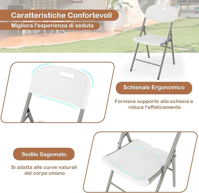 Set di 4 Sedie Pieghevoli con Struttura in Metallo, Sedie da Pranzo Salvaspazio con Antiscivoli, Sedie da Campeggio per Interno ed Esterno, 58 cm x 45 cm x 84 cm (Bianco)