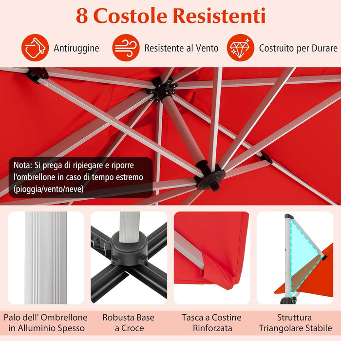 Ombrellone da Giardino, con Base Incrociata, Ombrellone Quadrato da Esterno con Palo in Alluminio e Girevole a 360°, Manovella e Inclinazione Regolabile, 300 x 300 cm (Arancione)