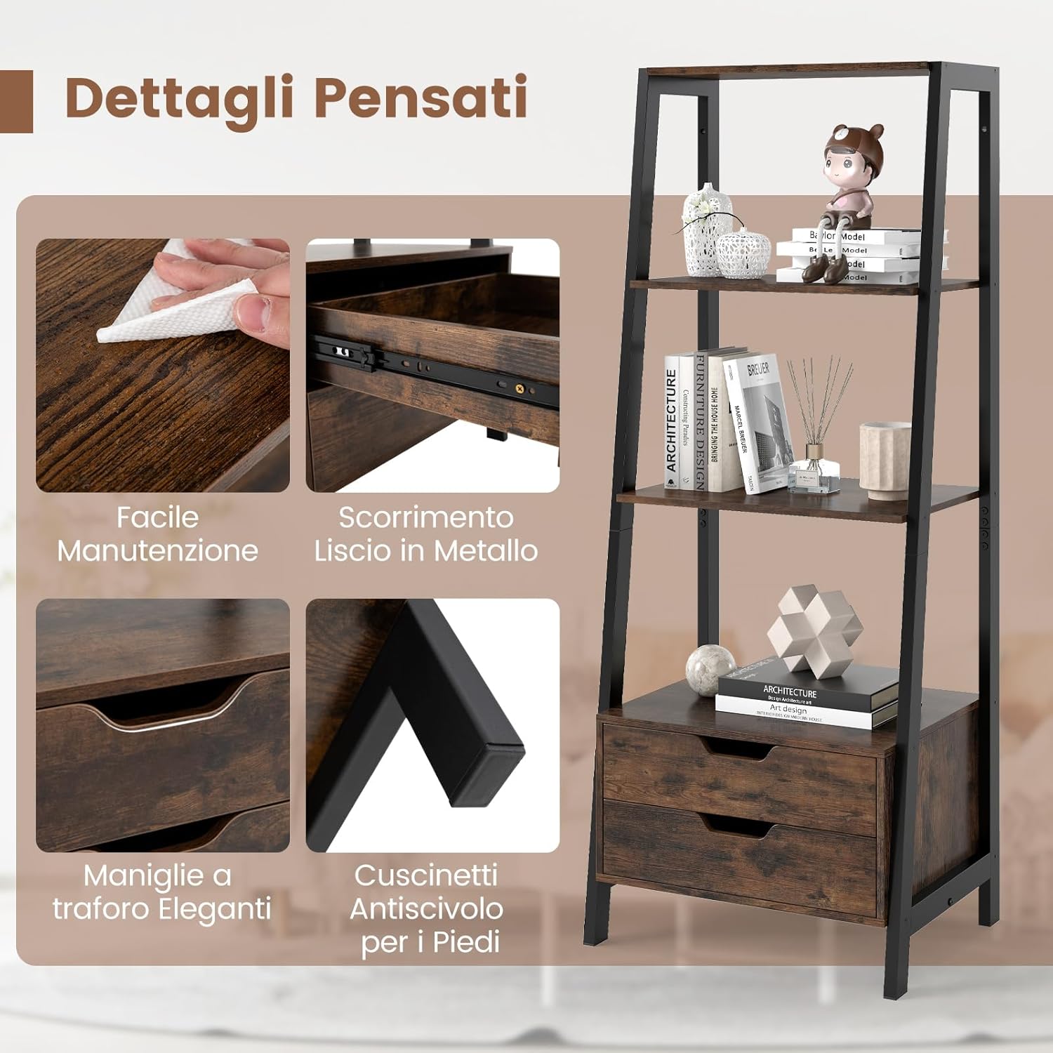 Scaffale a Scala, Libreria in Legno a 4 Ripiani con 2 Cassetti, Scaffale Salvaspazio da Terra per Camera da Letto, Studio, Ufficio e Soggiorno, 52 x 39,5 x 134 cm (Marrone)