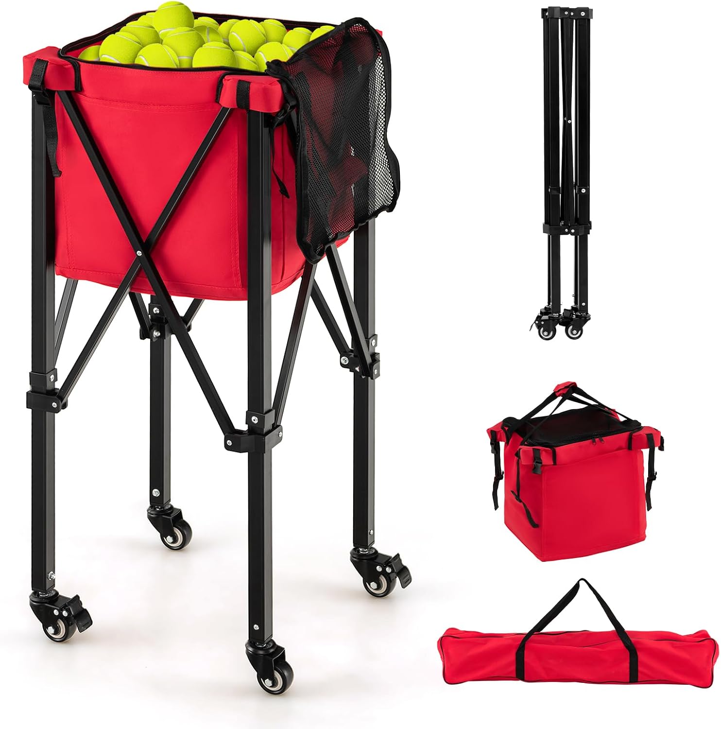 Carrello Porta Palline da Tennis, Carrello da Tennis Pieghevole in Alluminio con Ruote Frenate, Borsa Rimovibile Tasche Laterali, Borsa per Il Trasporto, Max 150 Palline Tennis