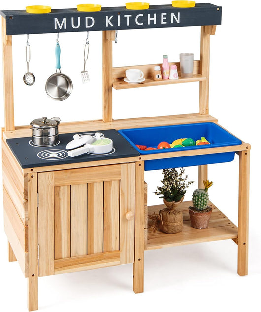 Cucina Giocattolo per Bambini, Cucina in Legno da Esterno con Lavello Removibile, Fornello, Pentole e Ripiani, Cucinetta Giocattolo Interattiva con Accessori per Bambini 3-8 Anni, Naturale