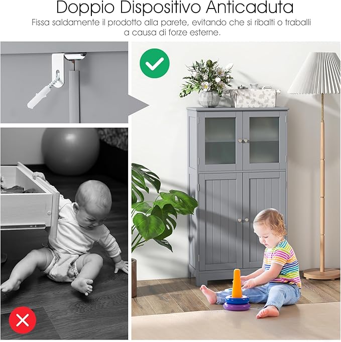 Armadietto del Bagno con 4 Ante, Armadietto con Ante di Vetro, Credenza di Legno con Mensole Regolabili, Organizer Multiuso per Casa Corridoio Salone Ufficio (Grigio)