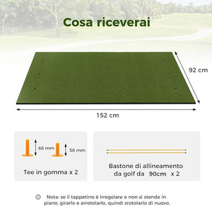 Tappeto da Allenamento Golf 3-in-1, Tappetino da Allenamento in Erba Sintetica con 2 Punte da Golf, 2 Aste di Allineamento e 3 Fori Preforati per le Punte