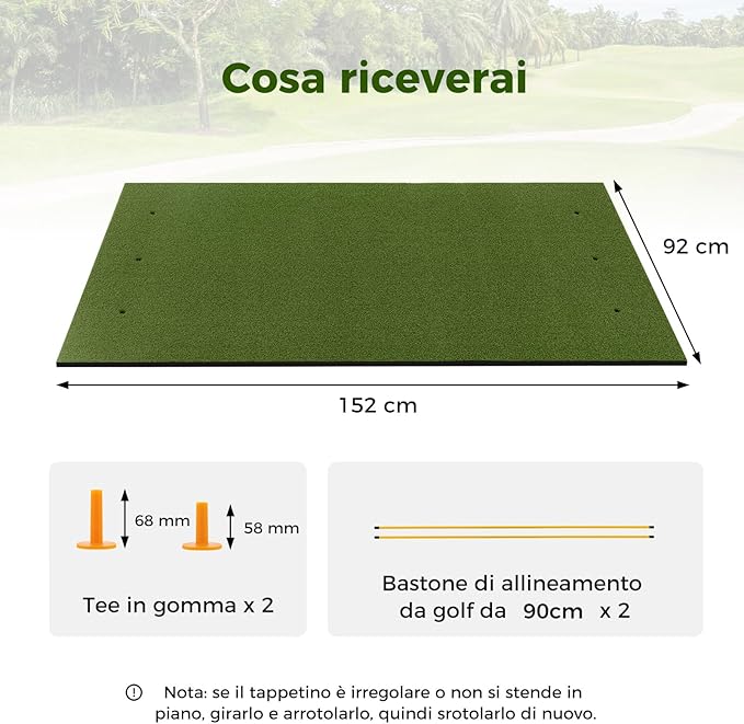 Tappeto da Allenamento Golf 3-in-1, Tappetino da Allenamento in Erba Sintetica con 2 Punte da Golf, 2 Aste di Allineamento e 3 Fori Preforati per le Punte
