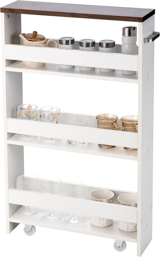 Carrello Portaoggetti da Cucina, Scaffale con Maniglia Laterale e Ruote, Carrello Salvaspazio con 3 Scaffali Stretti, 48x12,5x81 cm