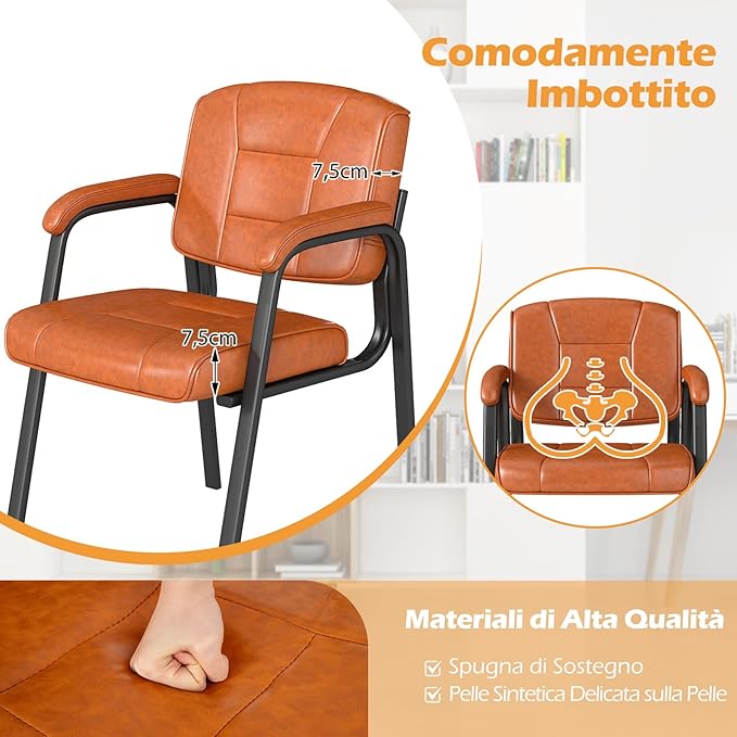 Set di 2 Sedie da Ufficio, Sedia per Sala d'Attesa con Struttura in Metallo, Braccioli Imbottiti, Sedia da Ospiti per Ufficio Riunioni, Portata 180kg (Marrone)