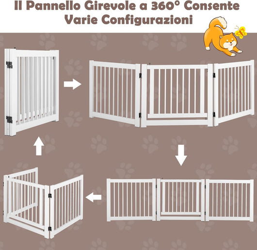 Cancelletto per Cani da Interno in Legno Massello, Design Girevole e Portatile, con 3 Ante, Cuscinetti Antiscivolo e Serratura, Ideale per Cani di Piccola/Media Taglia, 206 x 61 cm (Bianco)