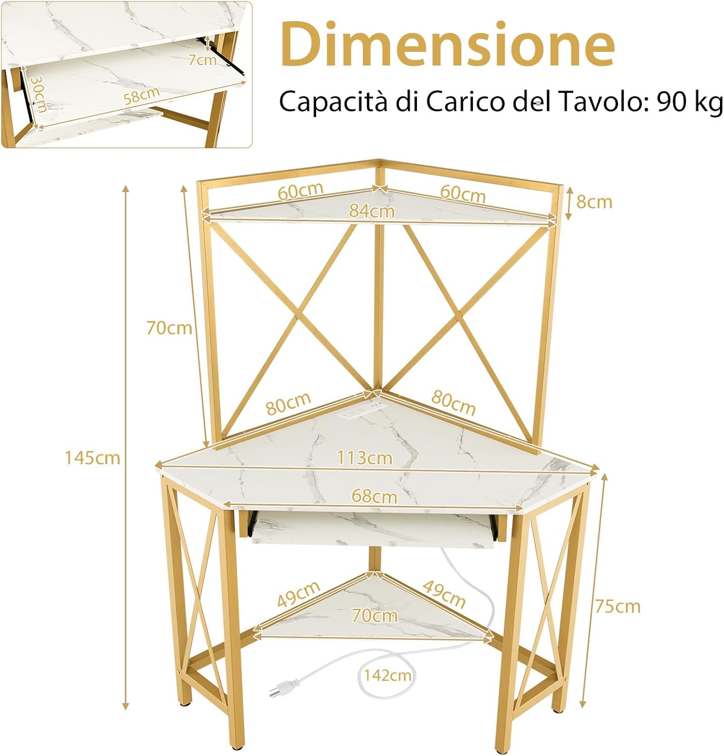 Scrivania Angolare con Prese, Scrivania ad Angolo con Ripiani, Porta Tastiera Estraibile e Struttura in Metallo, Scrivania Salvaspazio per Ufficio e Casa(bianco e oro)