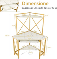 Scrivania Angolare con Prese, Scrivania ad Angolo con Ripiani, Porta Tastiera Estraibile e Struttura in Metallo, Scrivania Salvaspazio per Ufficio e Casa(bianco e oro)