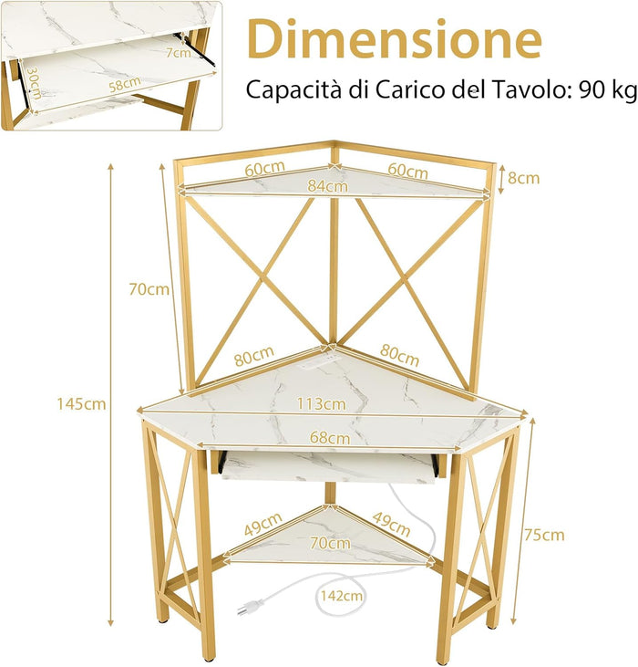 Scrivania Angolare con Prese, Scrivania ad Angolo con Ripiani, Porta Tastiera Estraibile e Struttura in Metallo, Scrivania Salvaspazio per Ufficio e Casa(bianco e oro)
